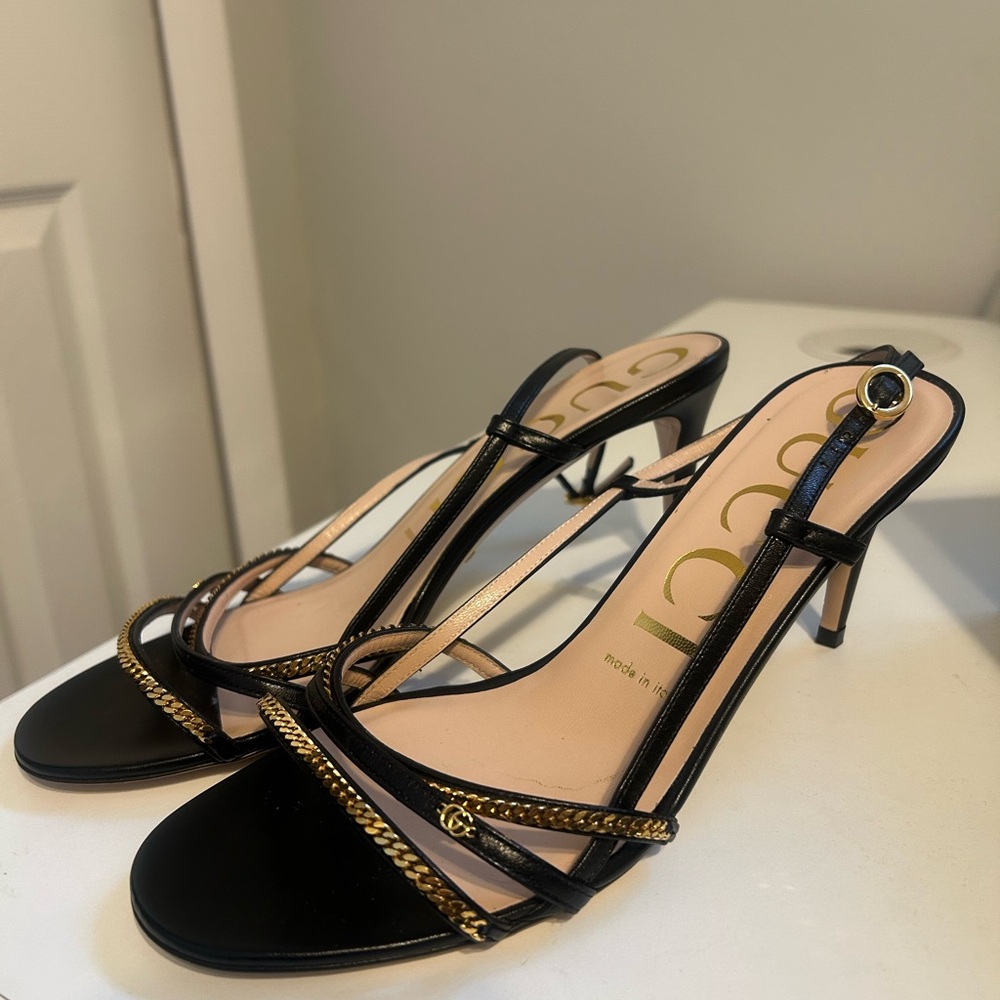 Gucci Black and Gold Chain Heels - Picture 2 of 10